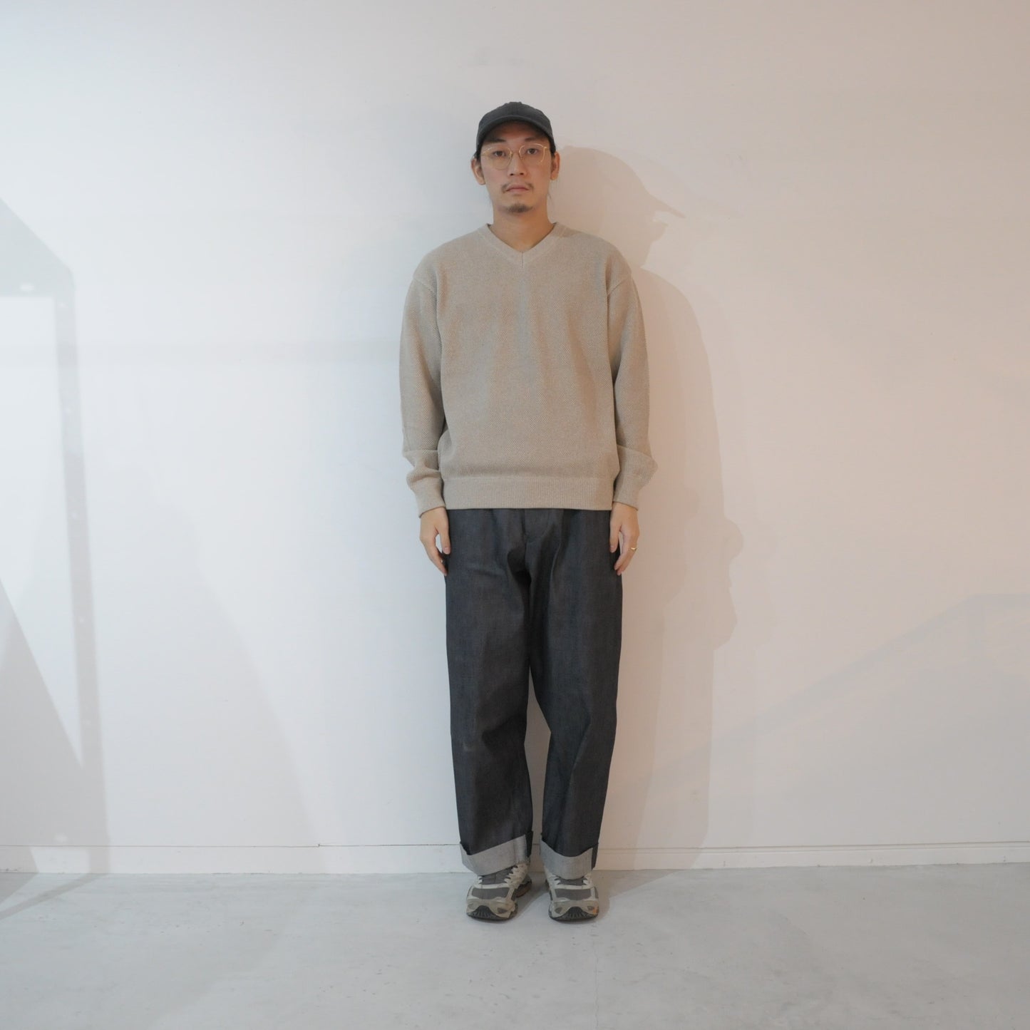 Moss Stitch V Neck Pullover-Beige