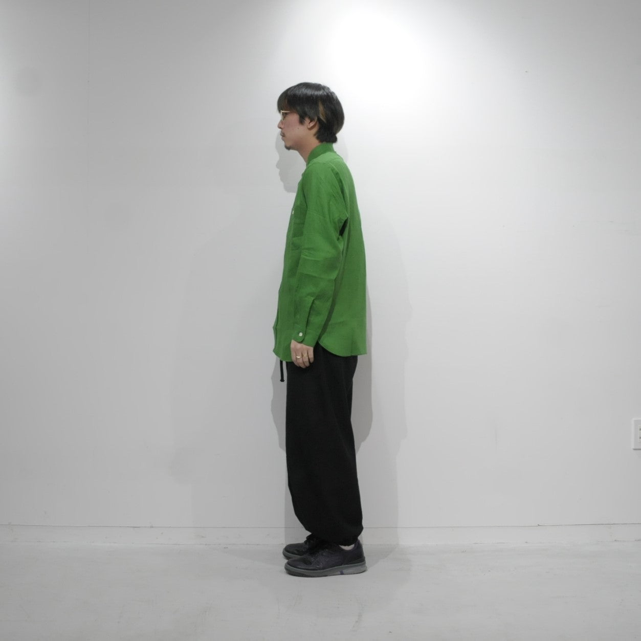 BAND COLLAR WORK SHIRT - LINEN CANVAS - GREEN