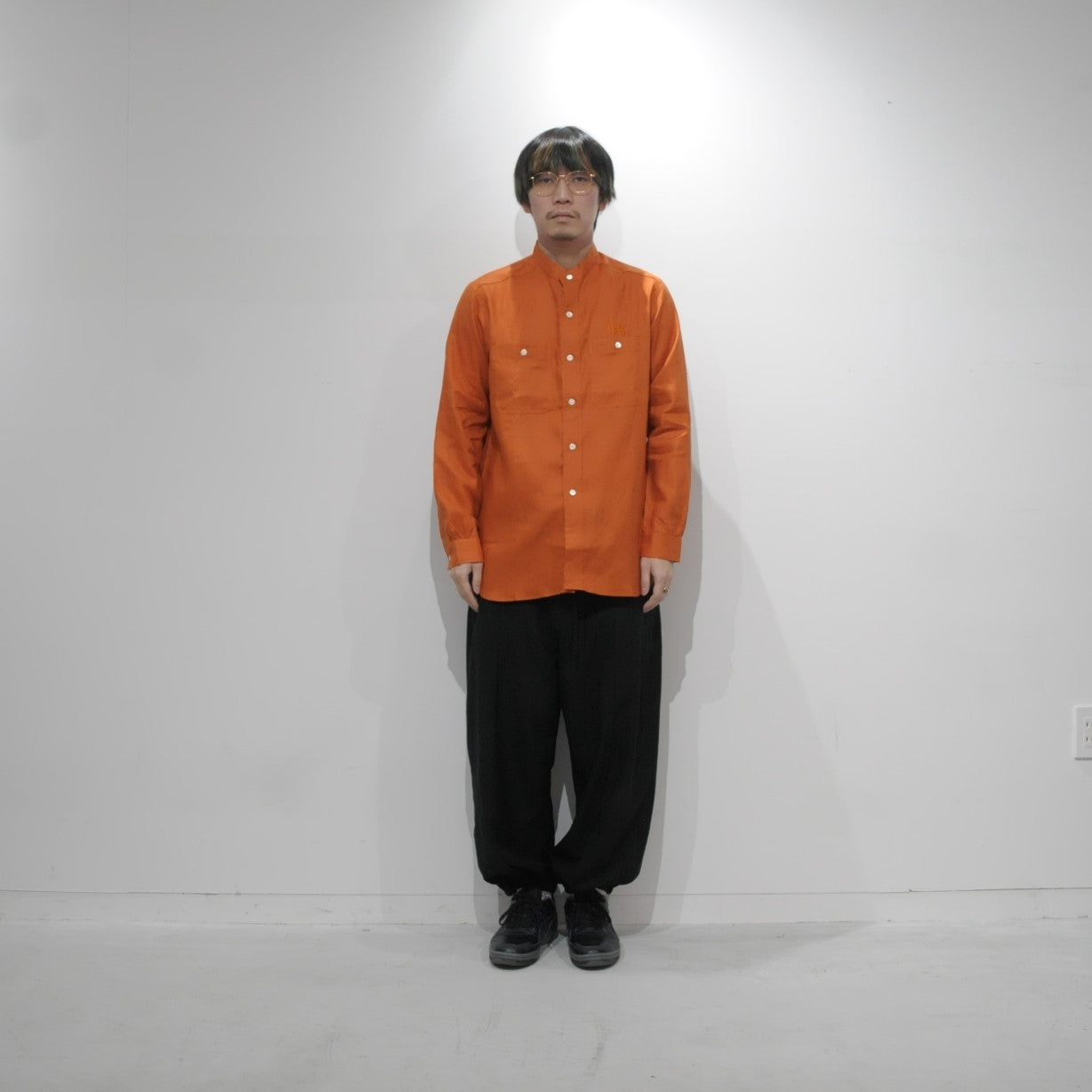 BAND COLLAR WORK SHIRT - LINEN CANVAS - ORANGE