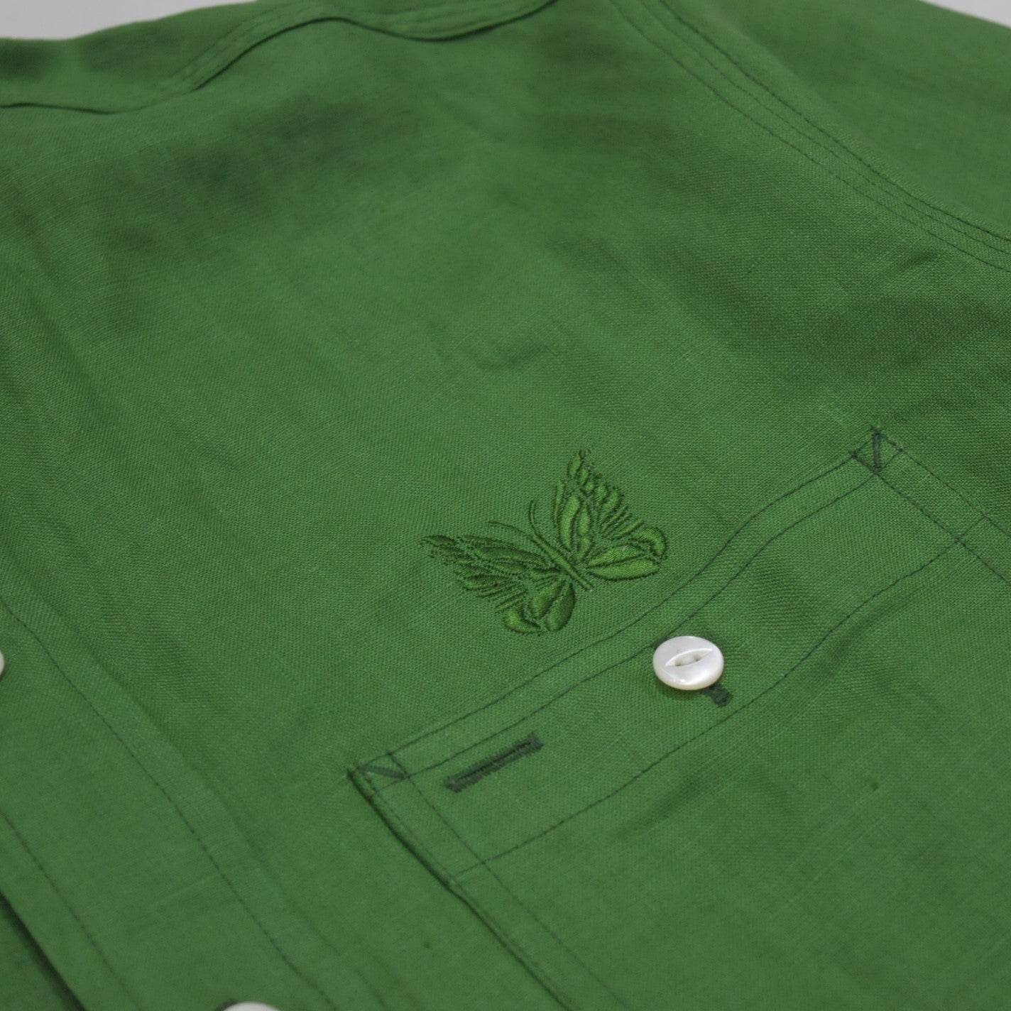 BAND COLLAR WORK SHIRT - LINEN CANVAS - GREEN